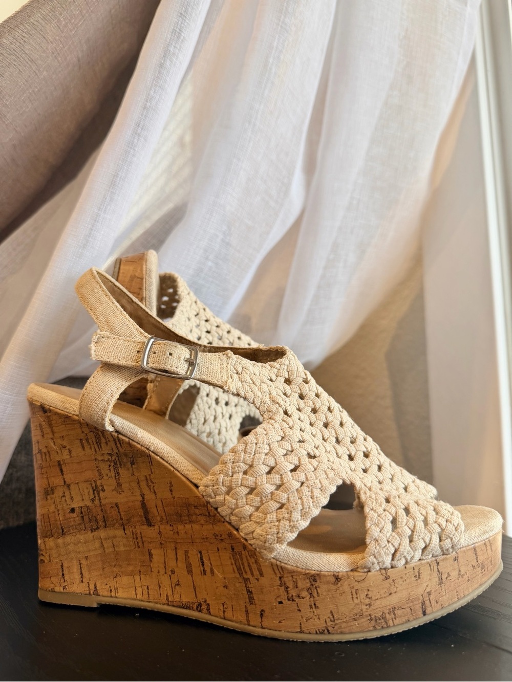 Woven Espadrille Wedge Sandals in Natural